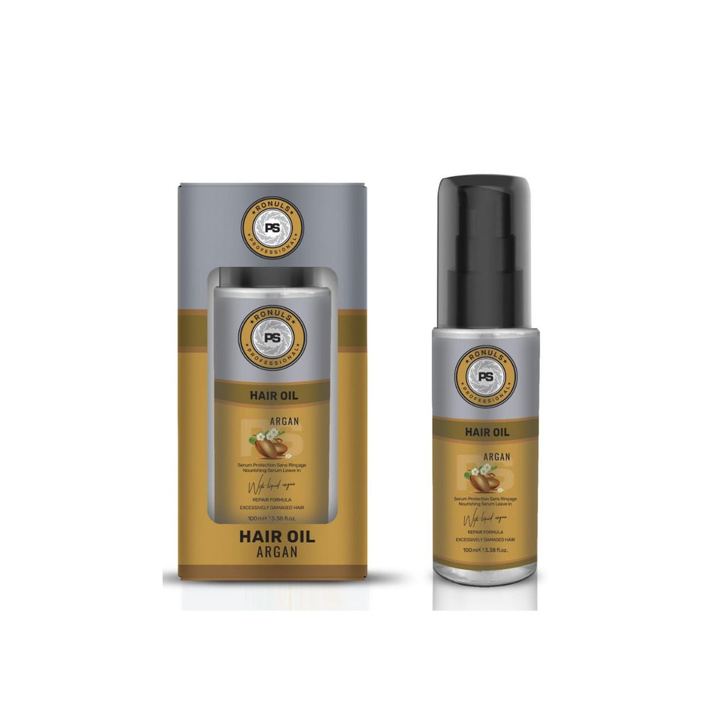 Ensemble Ronuls Professional : shampoing à l'argan, huile capillaire, masque capillaire et après-shampoing biphasé.